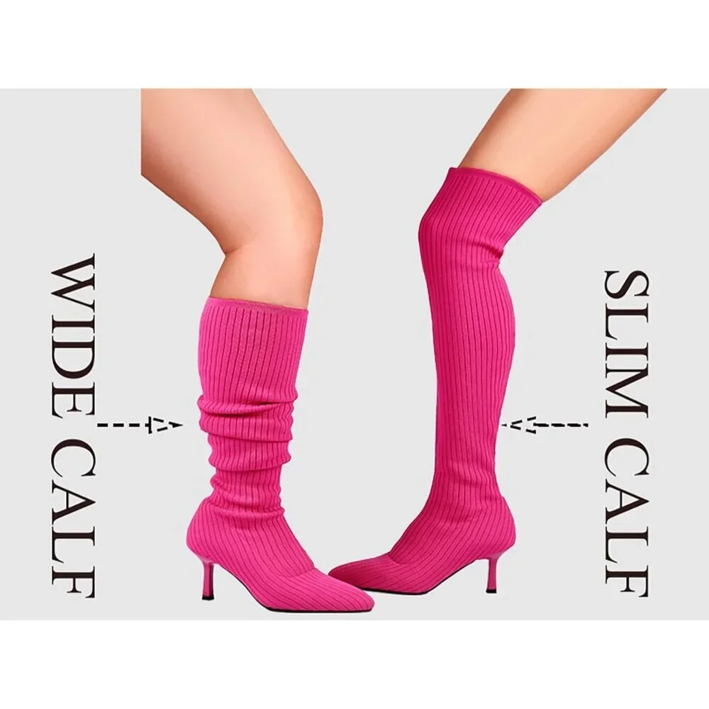 Women's Pink Thigh High Socks Pointed Toe Over-the- Knee High Heel Boots